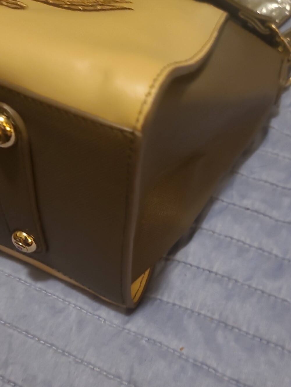 Sharif Taupe and Cream Embroidered Satchel with Gold Accents Callout In Photos - Picture 6 of 15